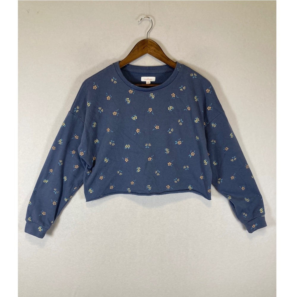 Cottagecore Colsie Women Medium‎ Blue Floral Raw Hem Cropped Fleece Sweatshirt